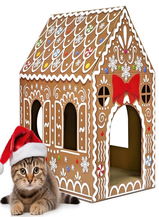 Cinrobiye Christmas Cardboard Cat House with Scratcher Pet Gingerbread Board Bed Cave Playhouse Hideaway Hideout Condo Decor Small Animals Scratch Box for Indoor Cats Kittens Rabbits Bunny (Brown, 1) - Image 1